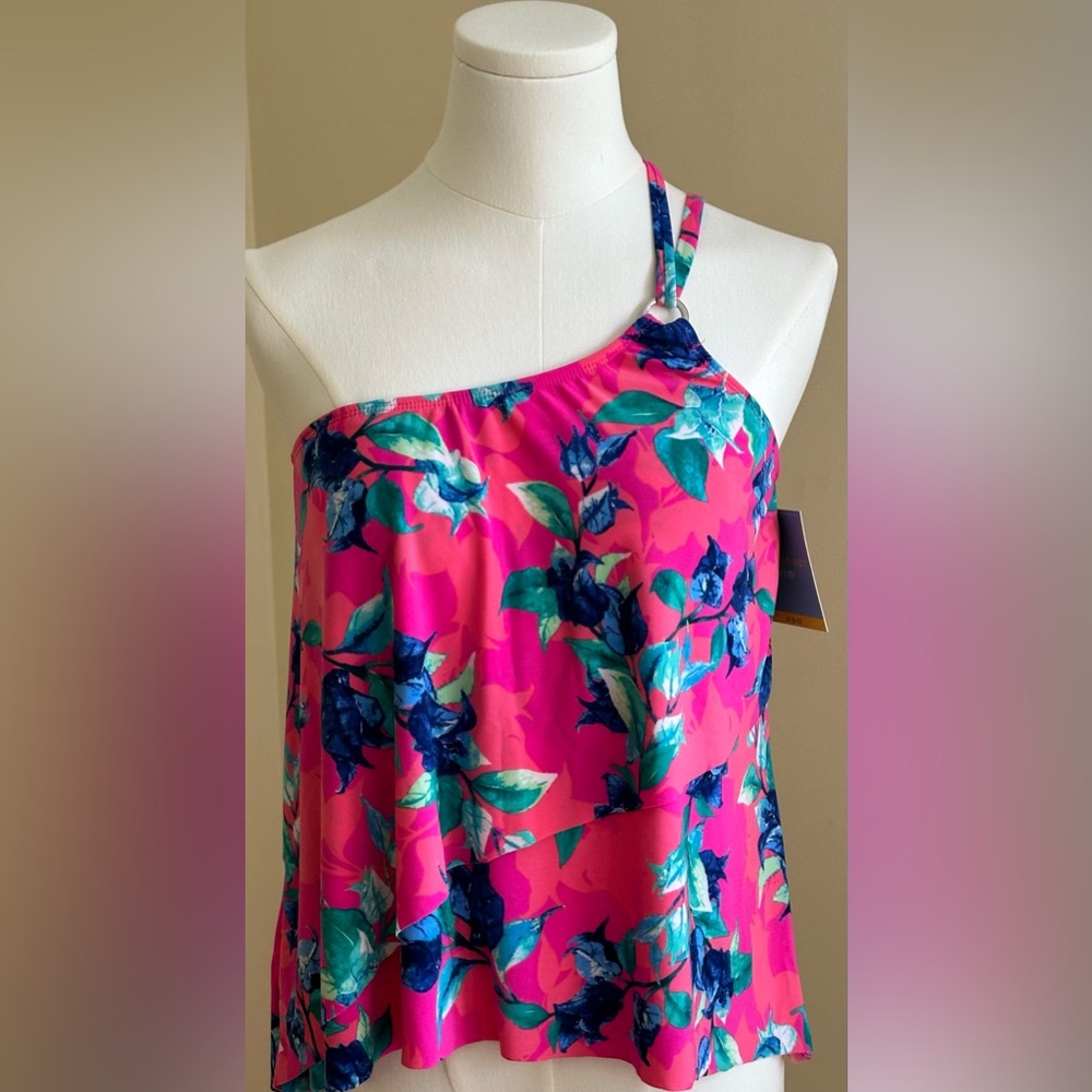 Bal Harbor NWT Pinks Blues White Floral Print Swim Top One Side Straps Sz M